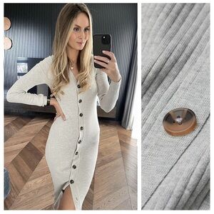 H&M Light Gray Button Down Ribbed Sweater Dress